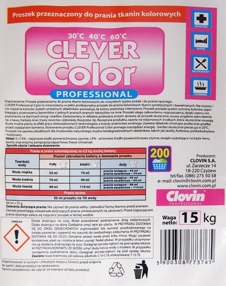 Proszek do prania tkanin kolorowych Clever Color - 15kg