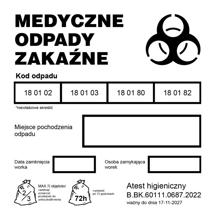 Worki na odpady medyczne - zakaźne (czerwone) 60L objętych kodami odpadu 180102; 180103; 180180; 180182 - 10szt